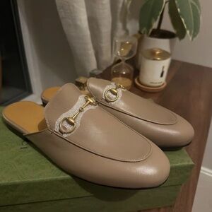 Gucci Taupe Leather Horsebit Mules